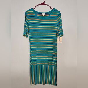 NWT LuLaRoe Julia Pencil Dress Blue With Yellow And Orange Stripes Size Medium